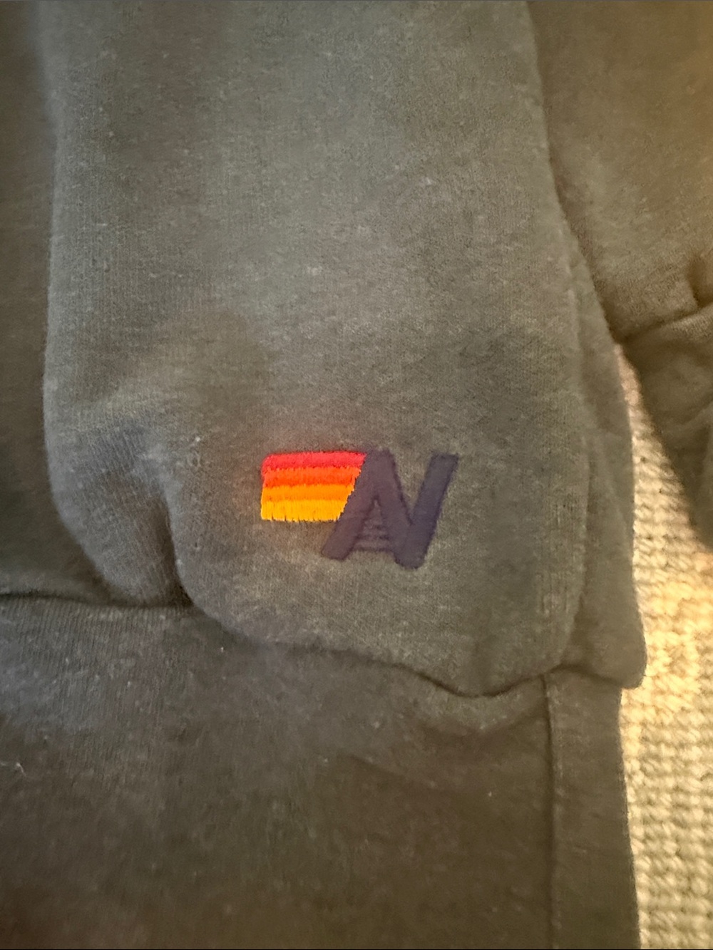 Aviator Nation Navy Sweatshirt with Yellow Smiley and Rainbow Sleeve Stripes - Picture 3 of 4